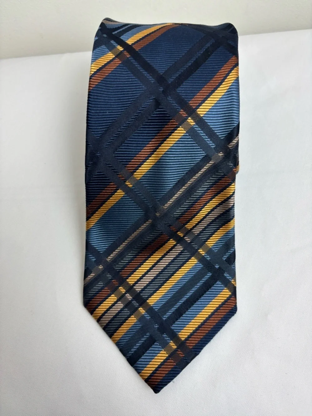 Burberry Silk Tie in Geometric Gold and Navy Blue Pattern